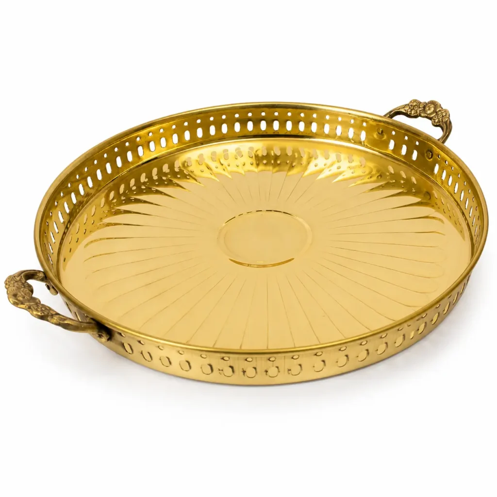 Handcrafted shiny brass decorative tray with elegant side handles and a polished gold finish for serving and home décor.